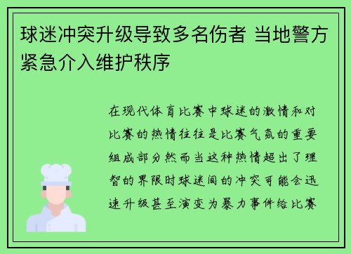 球迷冲突升级导致多名伤者 当地警方紧急介入维护秩序