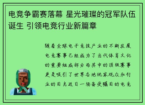 电竞争霸赛落幕 星光璀璨的冠军队伍诞生 引领电竞行业新篇章