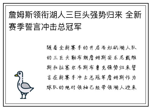 詹姆斯领衔湖人三巨头强势归来 全新赛季誓言冲击总冠军