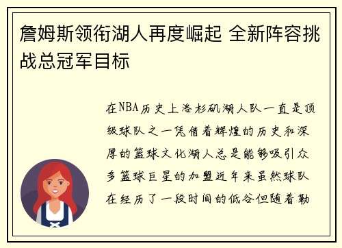 詹姆斯领衔湖人再度崛起 全新阵容挑战总冠军目标 