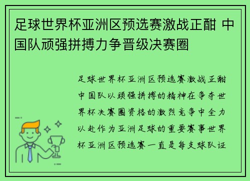 足球世界杯亚洲区预选赛激战正酣 中国队顽强拼搏力争晋级决赛圈