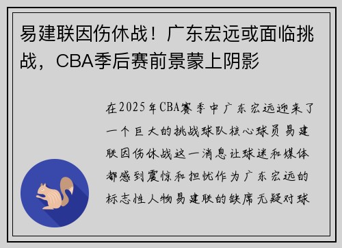 易建联因伤休战！广东宏远或面临挑战，CBA季后赛前景蒙上阴影